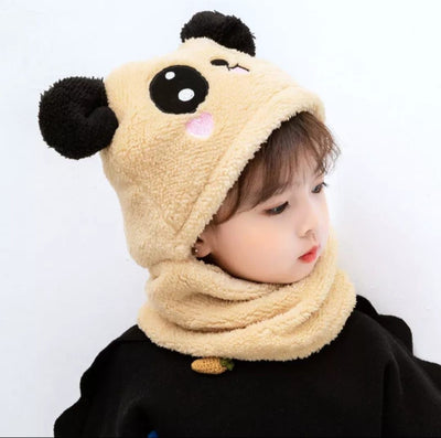 Kids Winter Panda Wool Cap With Neck Warmer – Warm And Cozy Cartoon Panda Design Baby Cap For Winter Protection (Random Color)