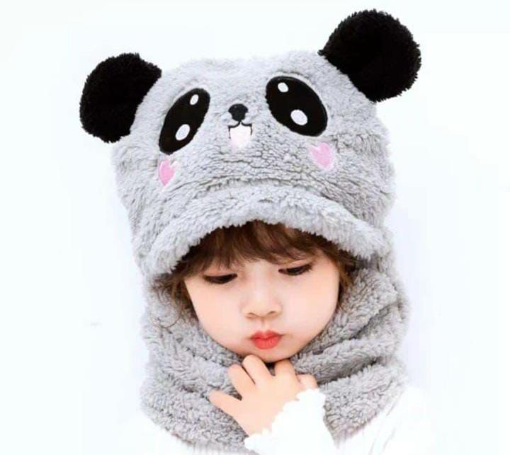 Kids Winter Panda Wool Cap With Neck Warmer – Warm And Cozy Cartoon Panda Design Baby Cap For Winter Protection (Random Color)