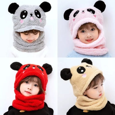 Kids Winter Panda Wool Cap With Neck Warmer – Warm And Cozy Cartoon Panda Design Baby Cap For Winter Protection (Random Color)